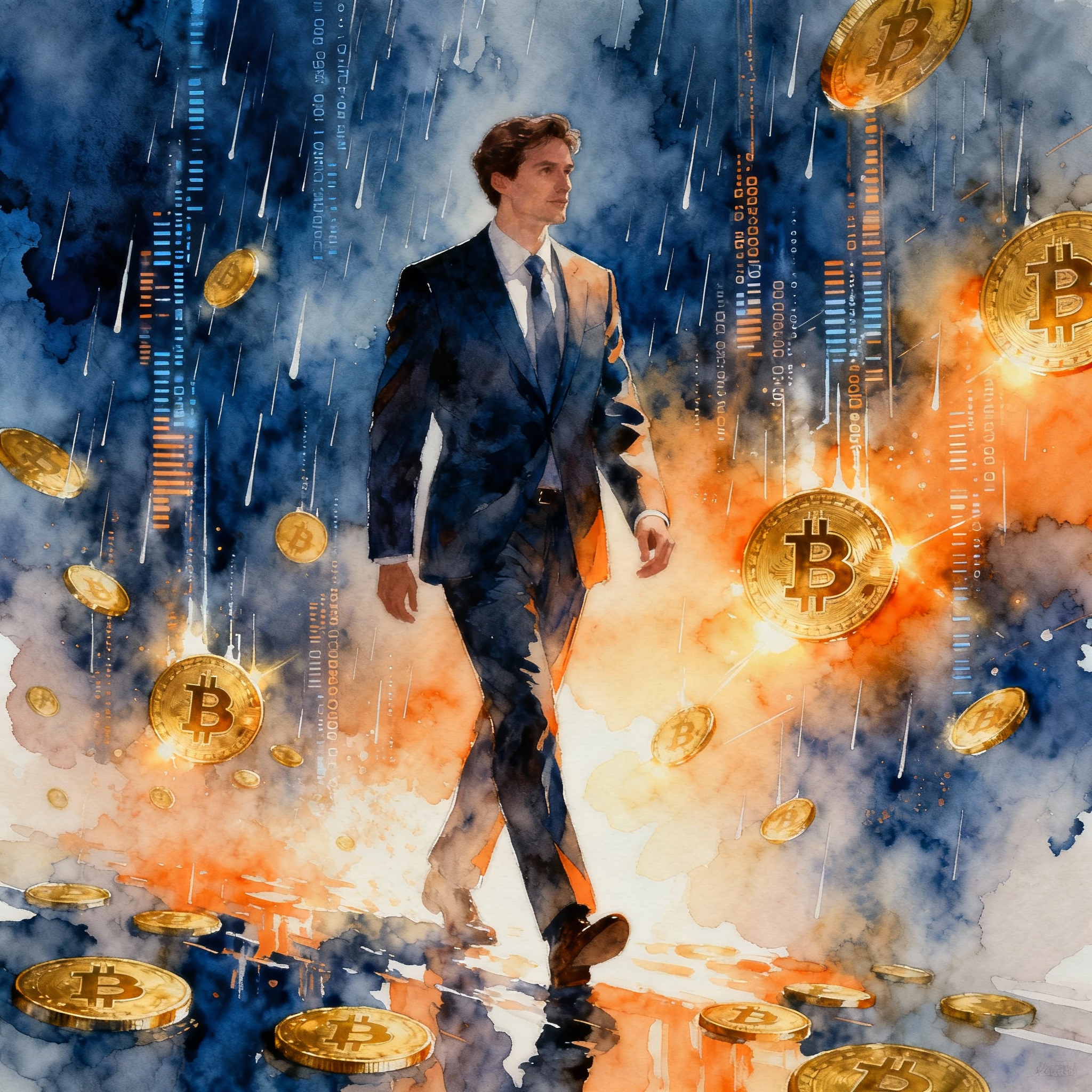 Art: En travel forretningsmann i en skreddersydd dress vandrer gjennom et regnvær av gylne bitcoin-mynter og digitale datastrømmer. De myke akvarellvaskene blander dype indigoblå toner med glødende oransje, noe som skaper en dynamisk balanse mellom det formelle og det flyktige.
