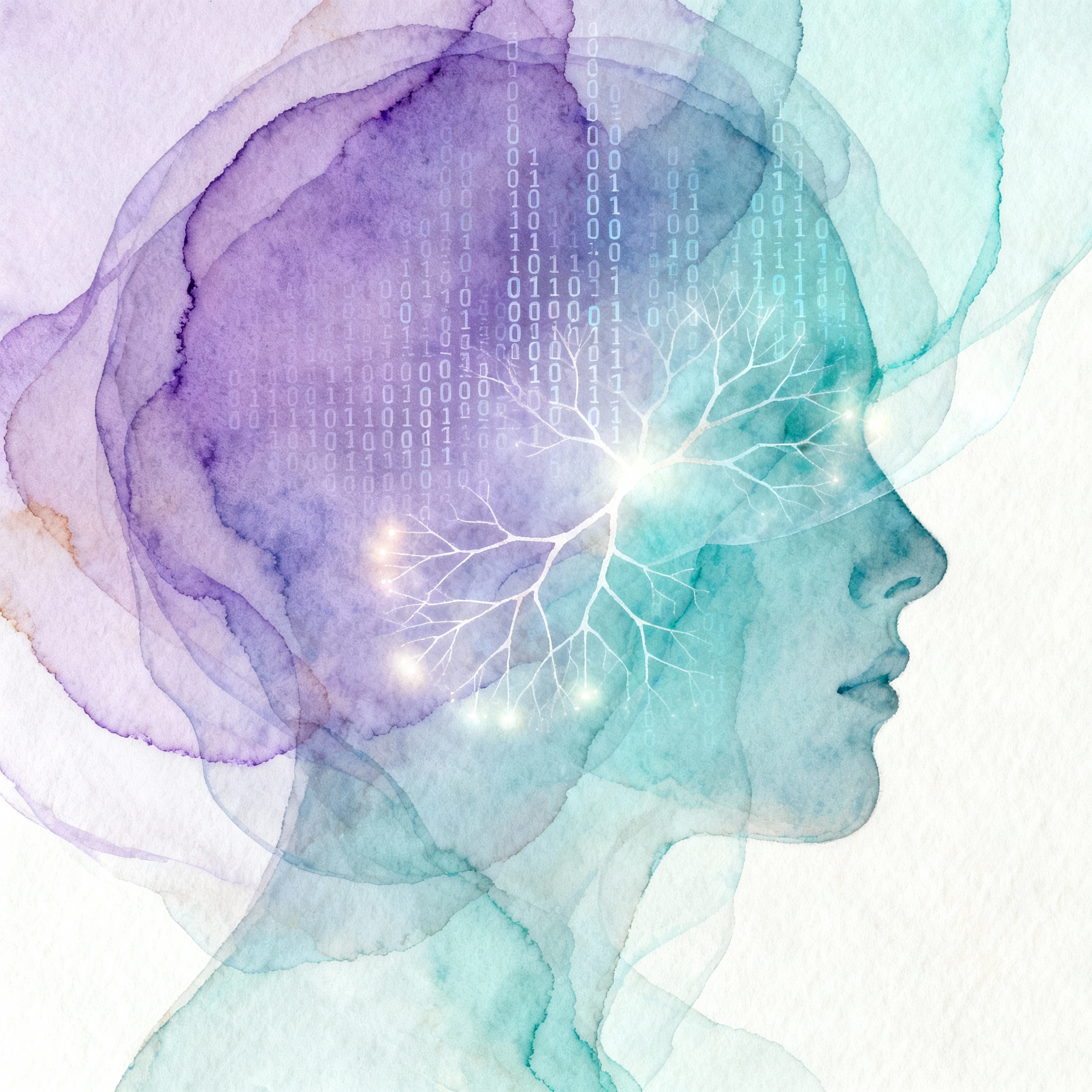 Art: En flytende visjon av en kunstig intelligens som manifesterer seg gjennom delikate lag med akvarell, der binære koder løses opp i myke fiolette og cyanfargede vasker. Skjøre pigmenter sprer seg over papiret og danner konturene av et digitalt sinn i en tilstand av kreativ oppvåkning.