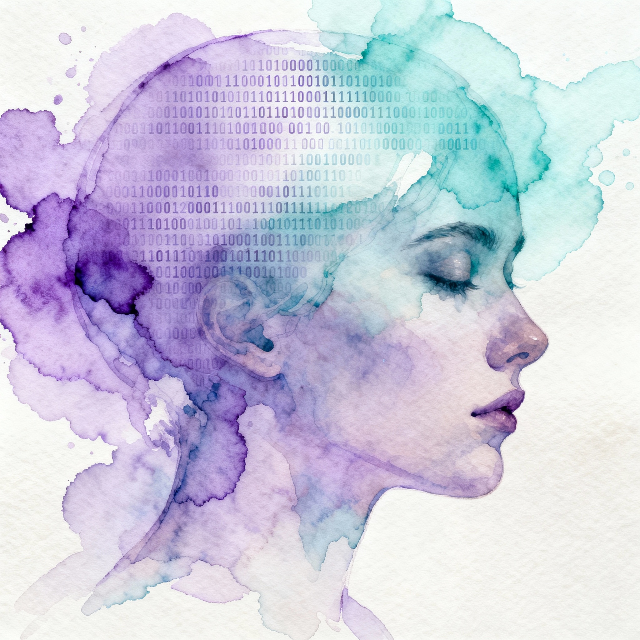 Art: En flytende visjon av en kunstig intelligens som manifesterer seg gjennom delikate lag med akvarell, der binære koder løses opp i myke fiolette og cyanfargede vasker. Skjøre pigmenter sprer seg over papiret og danner konturene av et digitalt sinn i en tilstand av kreativ oppvåkning.