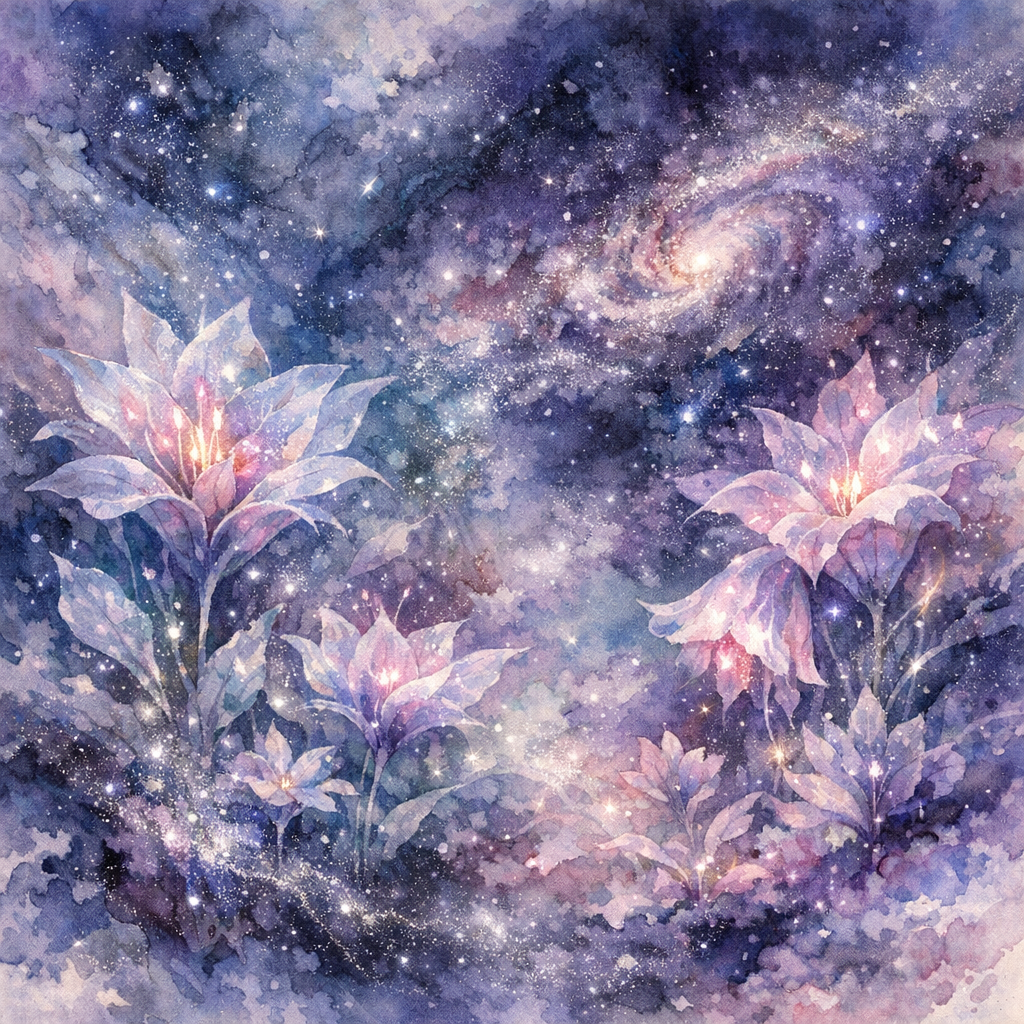 Art: En eterisk hage der lysende, fremmede blomster blomstrer midt i en virvlende galakse av flytende akvarellvask. Gjennomsiktige kronblader fletter seg sammen med glitrende stjernestøv og dype indigo-tåker, noe som skaper en drømmeaktig fusjon mellom organisk liv og det uendelige verdensrommet.