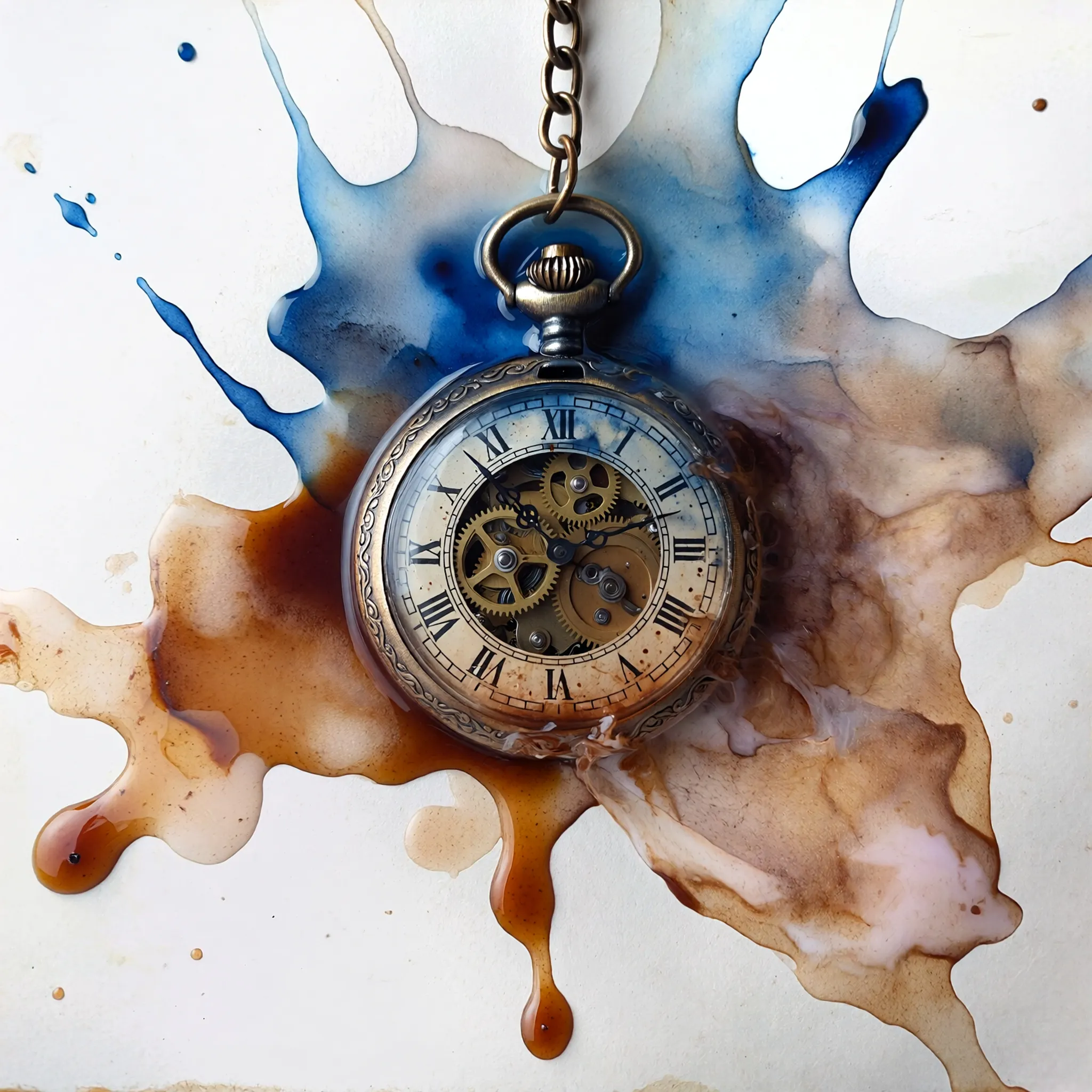 Art: En skjør, gammel klokke som sakte går i oppløsning og forvandles til flytende blekk i et eterisk tomrom. Myke akvarellvasker i indigo og brent sienna skaper en illusjon av tid som smelter bort, der pigmentene blør sømløst inn i det våte papiret.