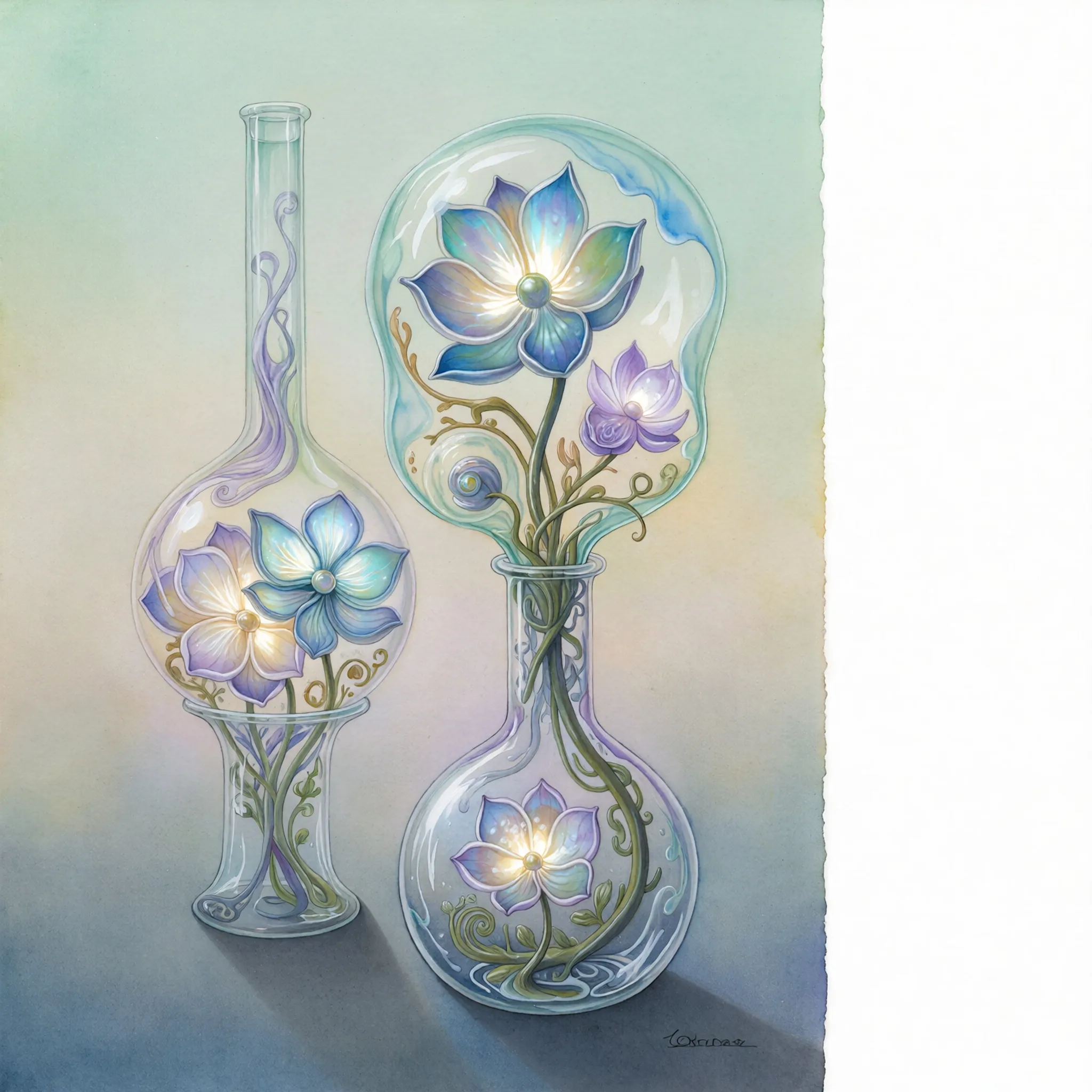 Art: En delikat akvarellvask som fanger et surrealistisk botanisk eksperiment der lysende blomster gror ut av eteriske glasskolber. Flytende pigmenter og myke fargeoverganger skaper en drømmeaktig atmosfære av vitenskapelig magi og biologisk transformasjon.