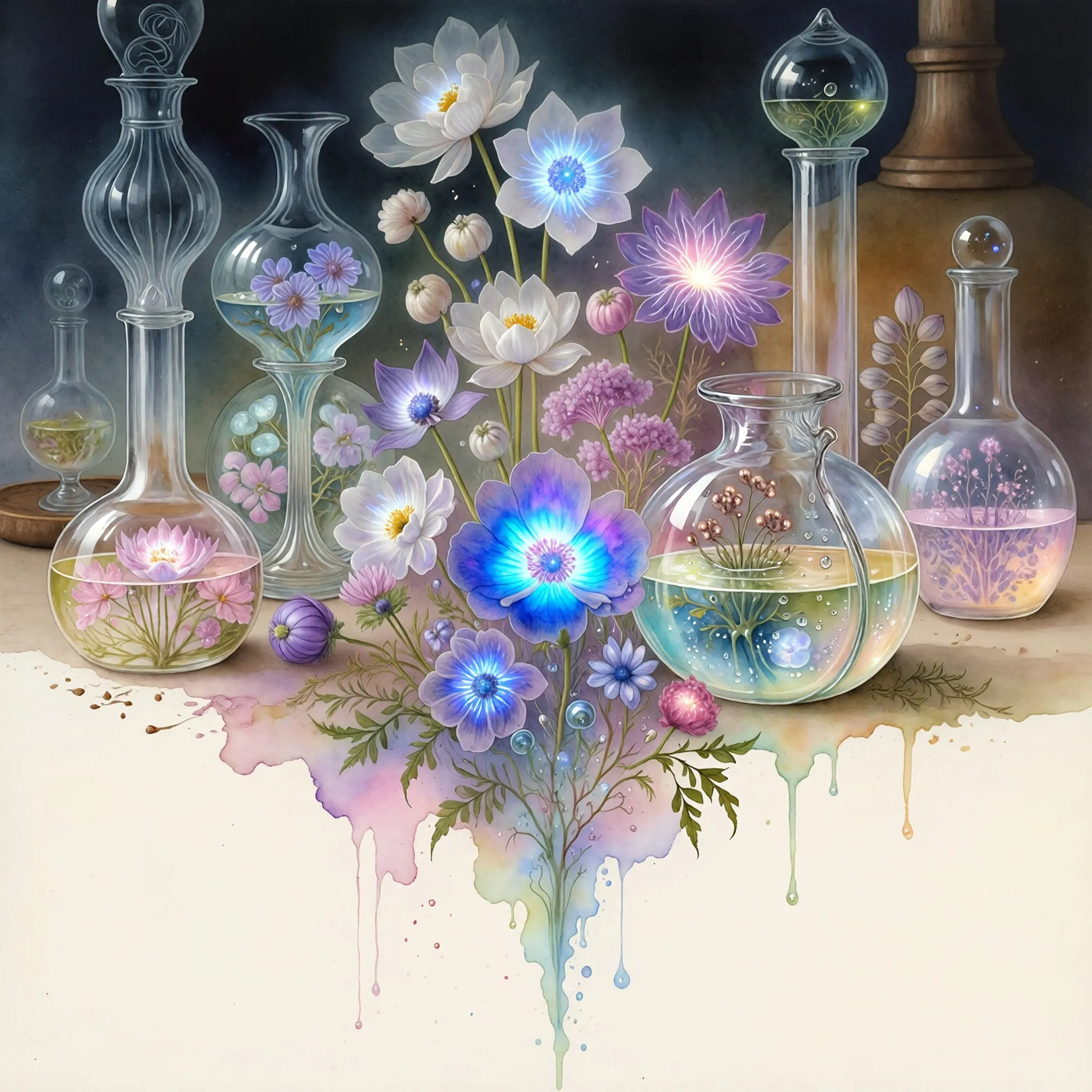 Art: En delikat akvarellvask som fanger et surrealistisk botanisk eksperiment der lysende blomster gror ut av eteriske glasskolber. Flytende pigmenter og myke fargeoverganger skaper en drømmeaktig atmosfære av vitenskapelig magi og biologisk transformasjon.